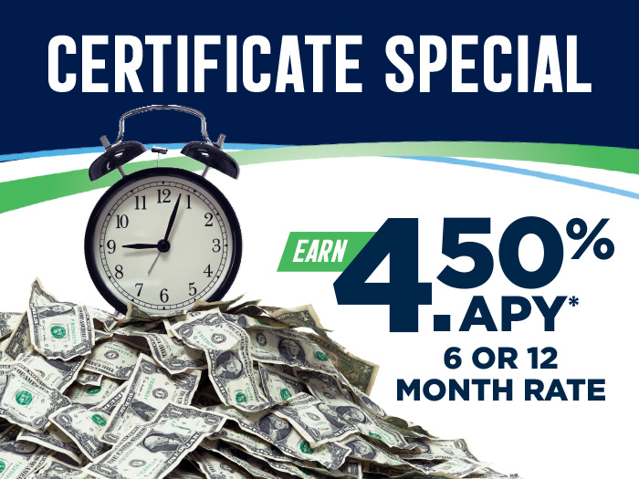 Alarm clock on a mountain of money to highlight our 6 and 12 month certificate rate.
