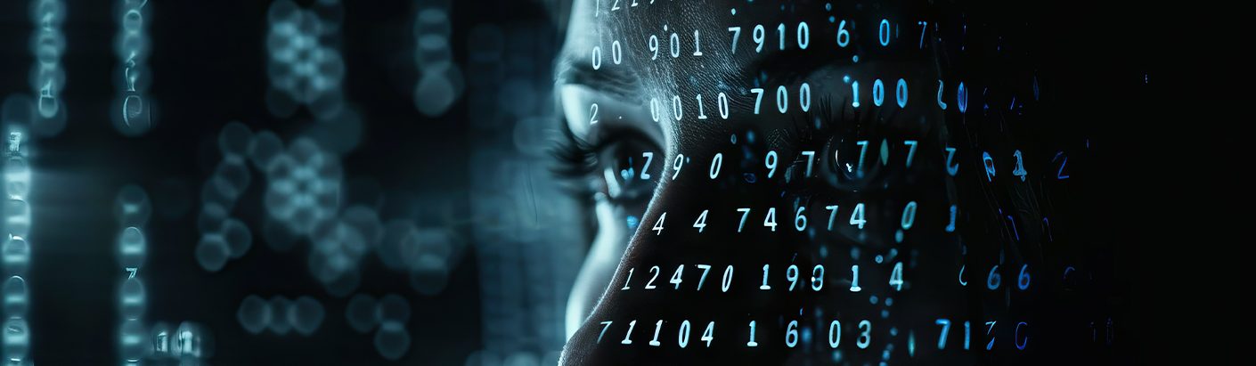Close up of a female face in the dark with digit graphics cascading down the image.