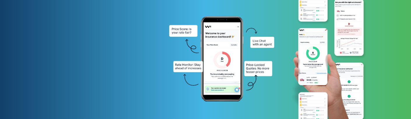 Woop Insurance mobile screens displayed on multiple cell phones.