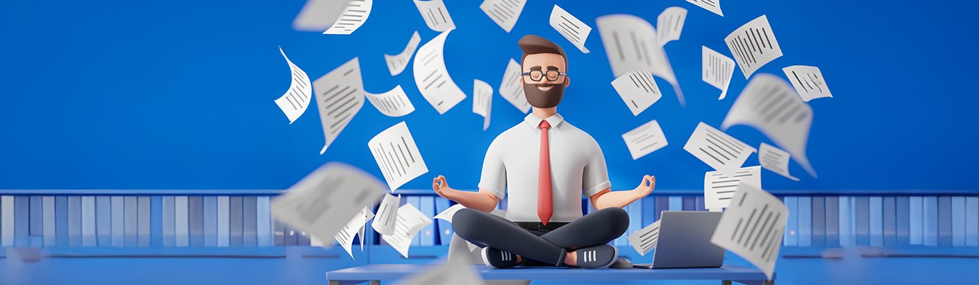 Digital image of a business man meditating as papers float around him.