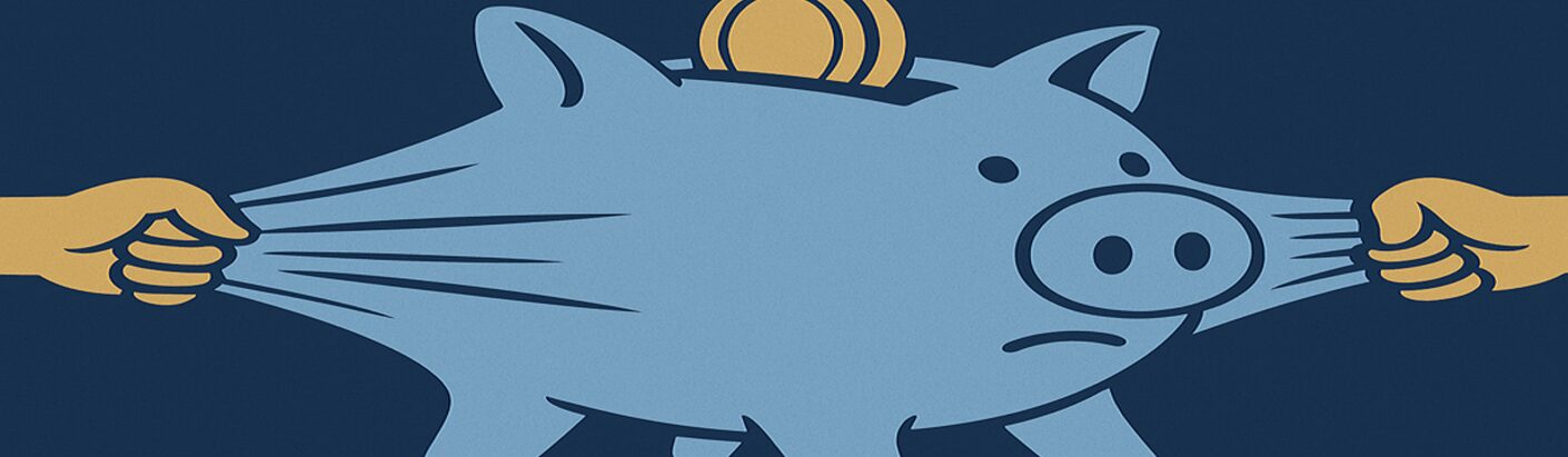 Light blue piggy bank being stretched as a gold coin hangs out of the top.