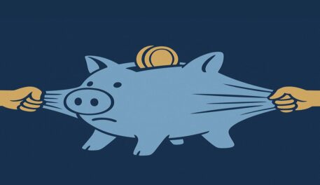 Light blue piggy bank being stretched as a gold coin hangs out of the top.