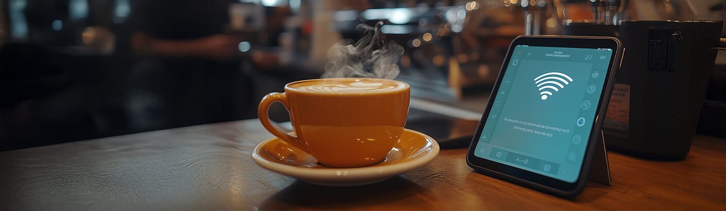 Close up image of an iPad connecting to a wifi network at a table in a coffee shop next to a steaming hot cup of coffee.
