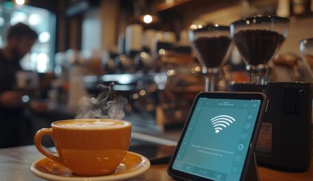 Close up image of an iPad connecting to a wifi network at a table in a coffee shop next to a steaming hot cup of coffee.