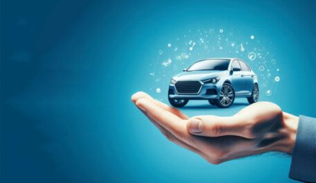 Blue car with white graphics floating in the palm of a hand.