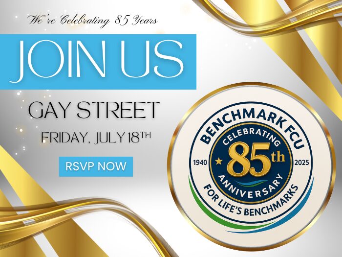 Benchmark FCU 85th Anniversary home page banner featuring limited -time logo for Gay Street Branch Day.