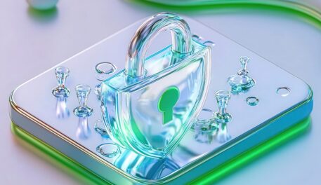 Blue and green digital image of a lock signifying digital security.