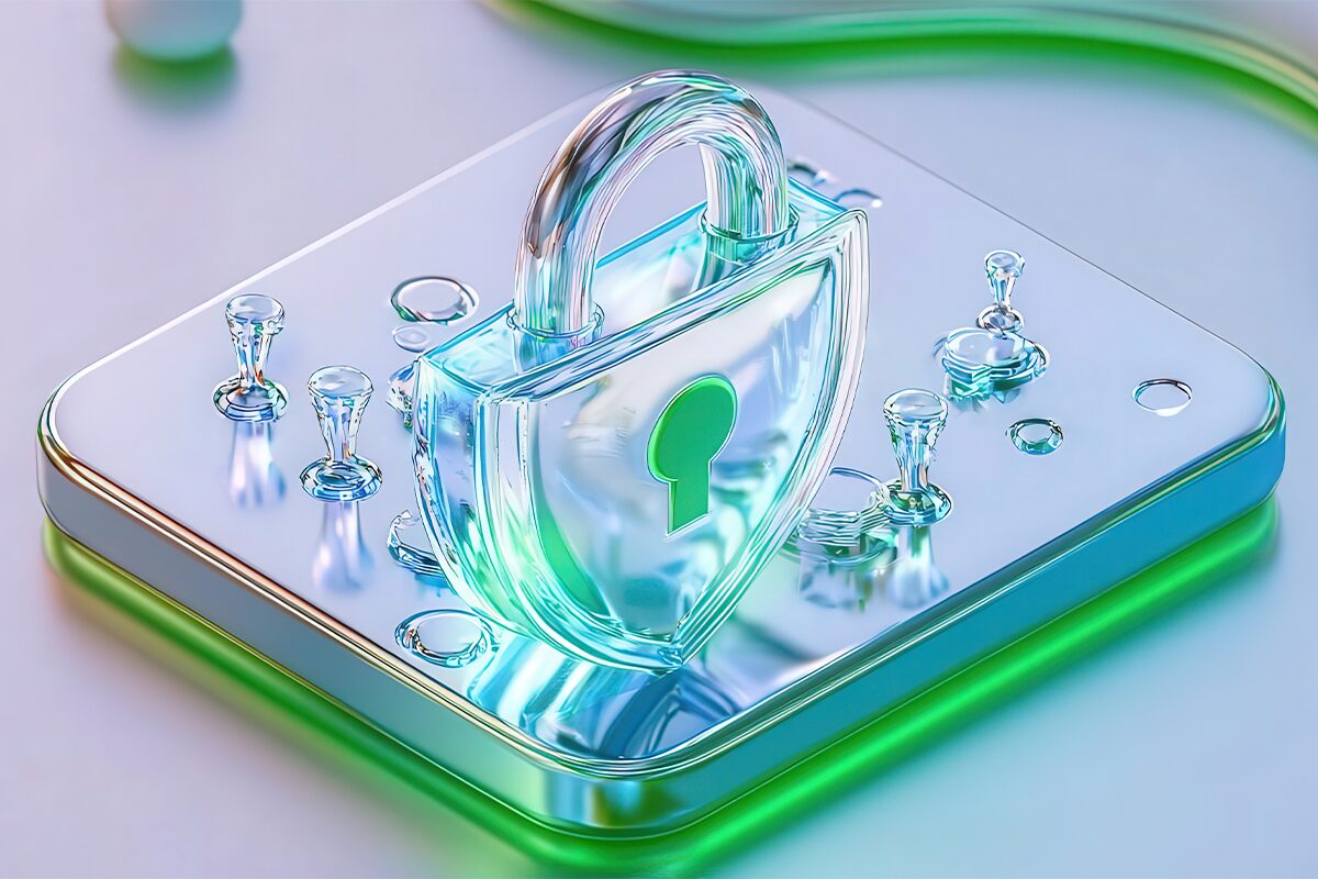 Blue and green digital image of a lock signifying digital security.