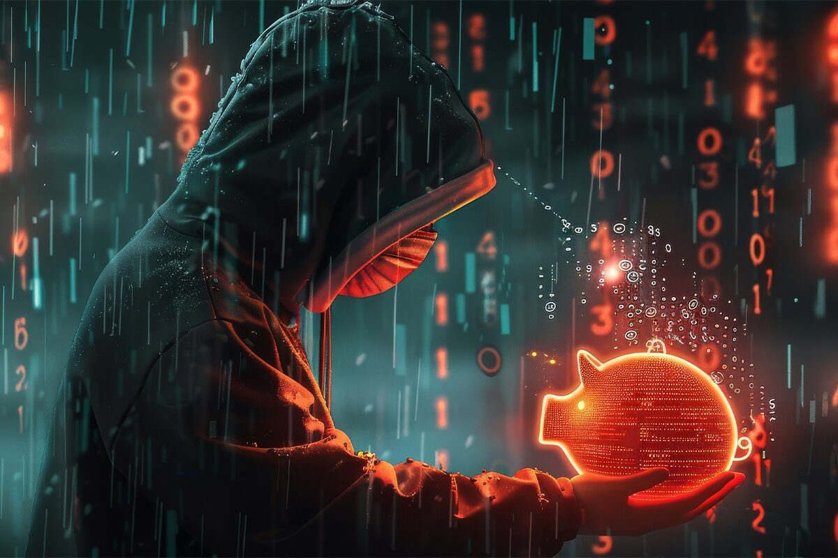 Dark image of a scammer holding a glowing digitized piggy bank.